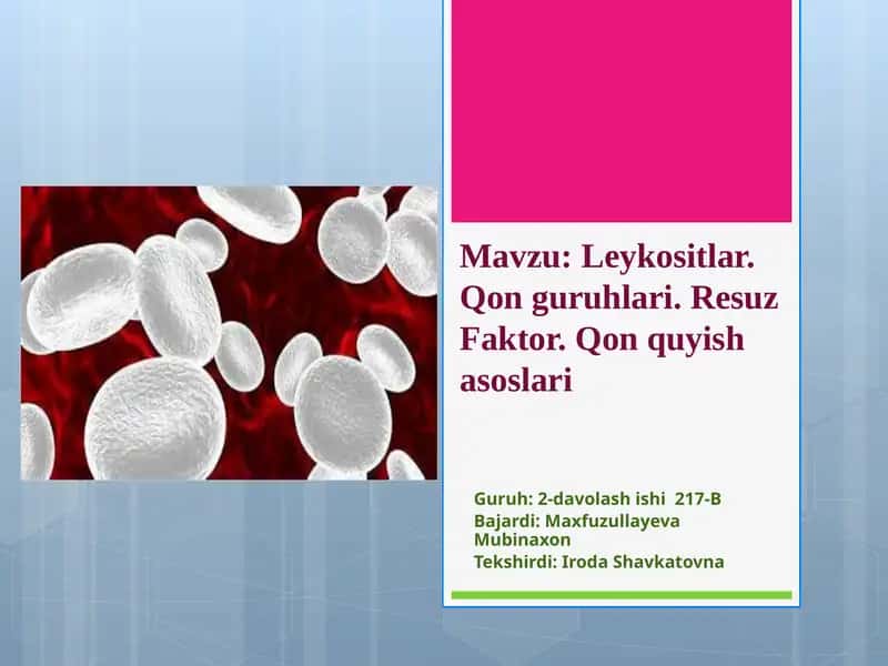 Leykotsitlar. Qon guruhlari. Rezus faktor. Qon quyish asoslari 1