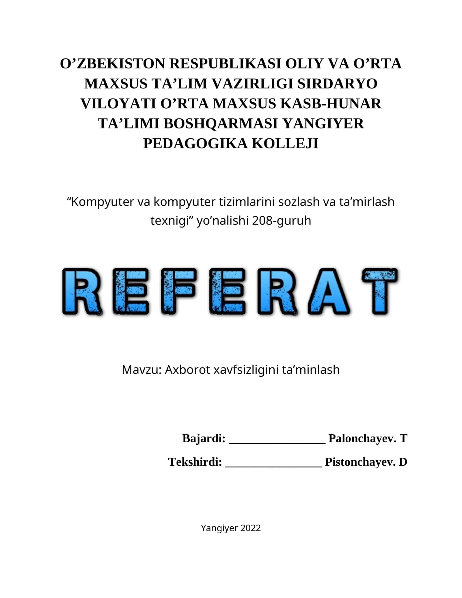 Kompyuter va kompyuter tizimlarini sozlash va ta’mirlash texnigi 1
