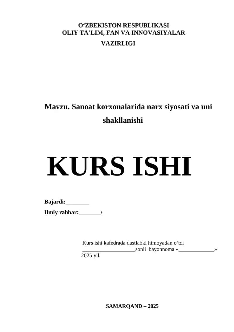 SANOAT KORXONALARIDA NARX SIYOSATI VA UNI SHAKLLANISHI 1