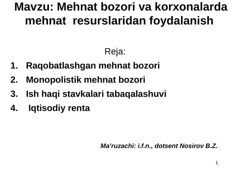 Mehnat bozori va korxonalarda mehnat resurslaridan foydalanish 1