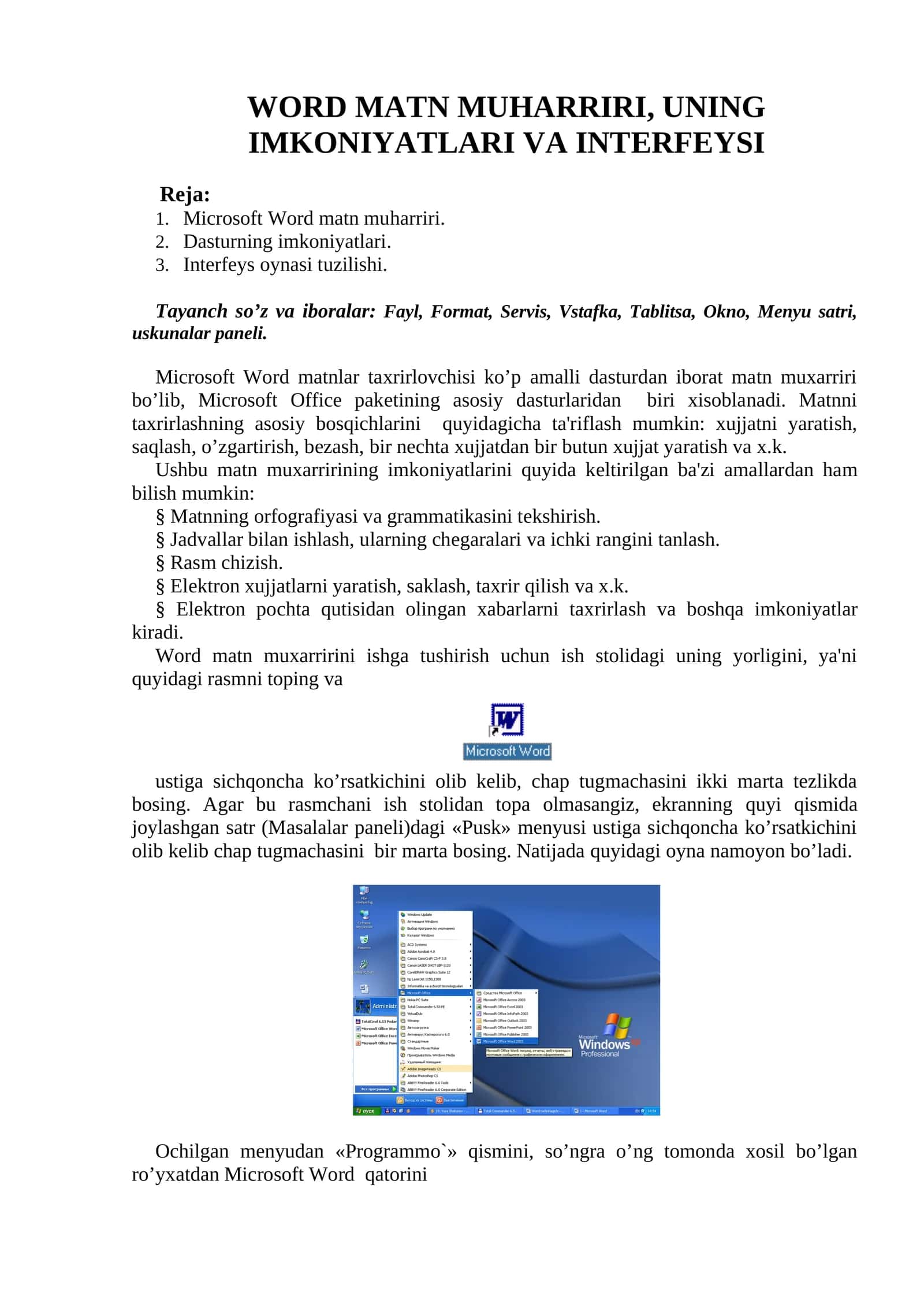 WORD MATN MUHARRIRI, UNING IMKONIYATLARI VA INTERFEYSI 1