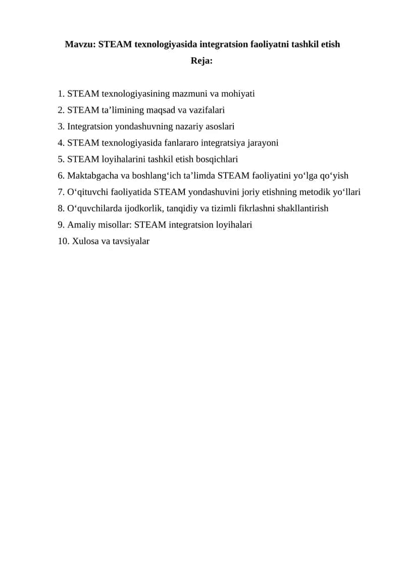 STEAM texnologiyasida integratsion faoliyatni tashkil etish 1