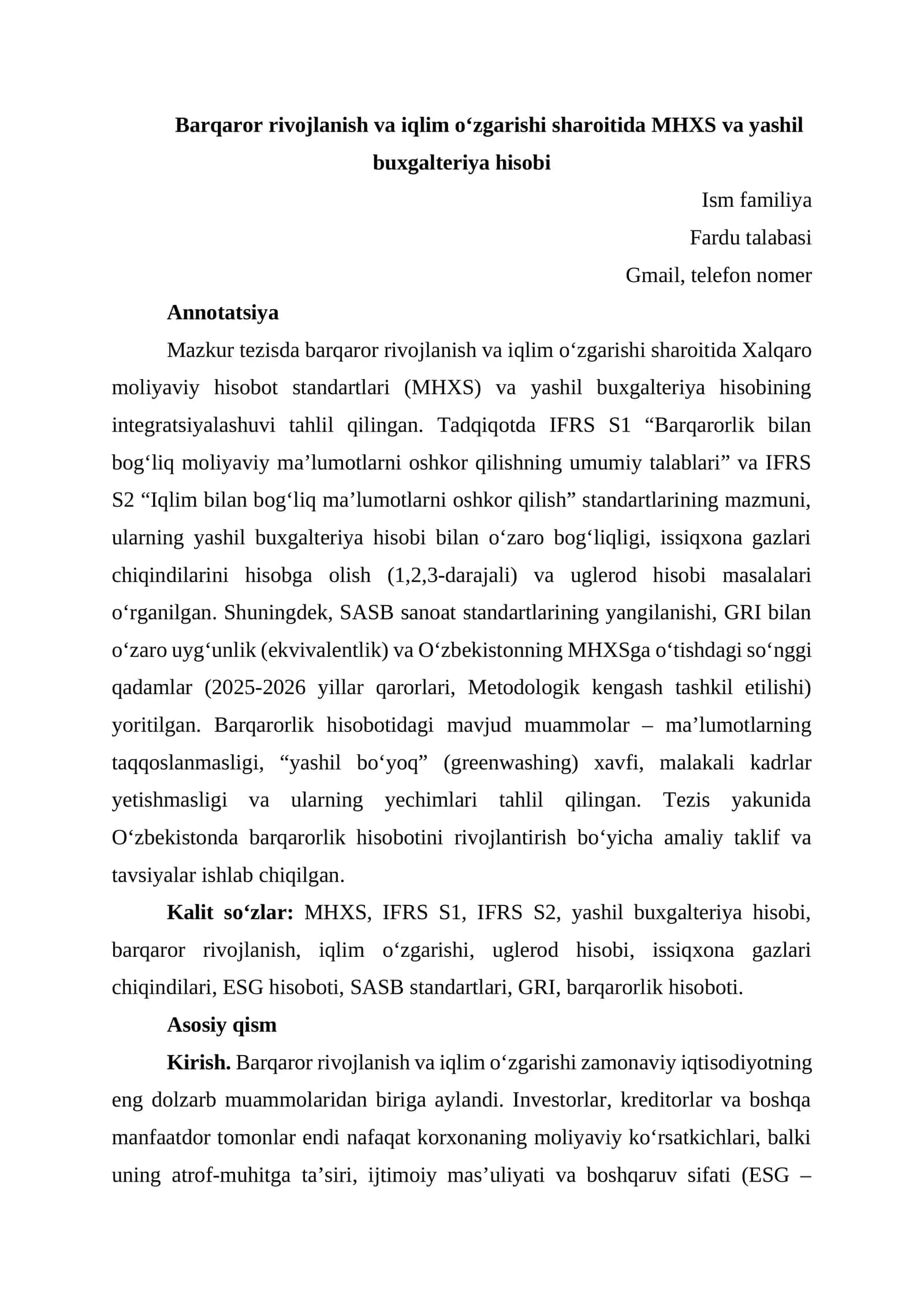 Barqaror rivojlanish va iqlim o‘zgarishi sharoitida MHXS va yashil buxgalteriya hisobi 1