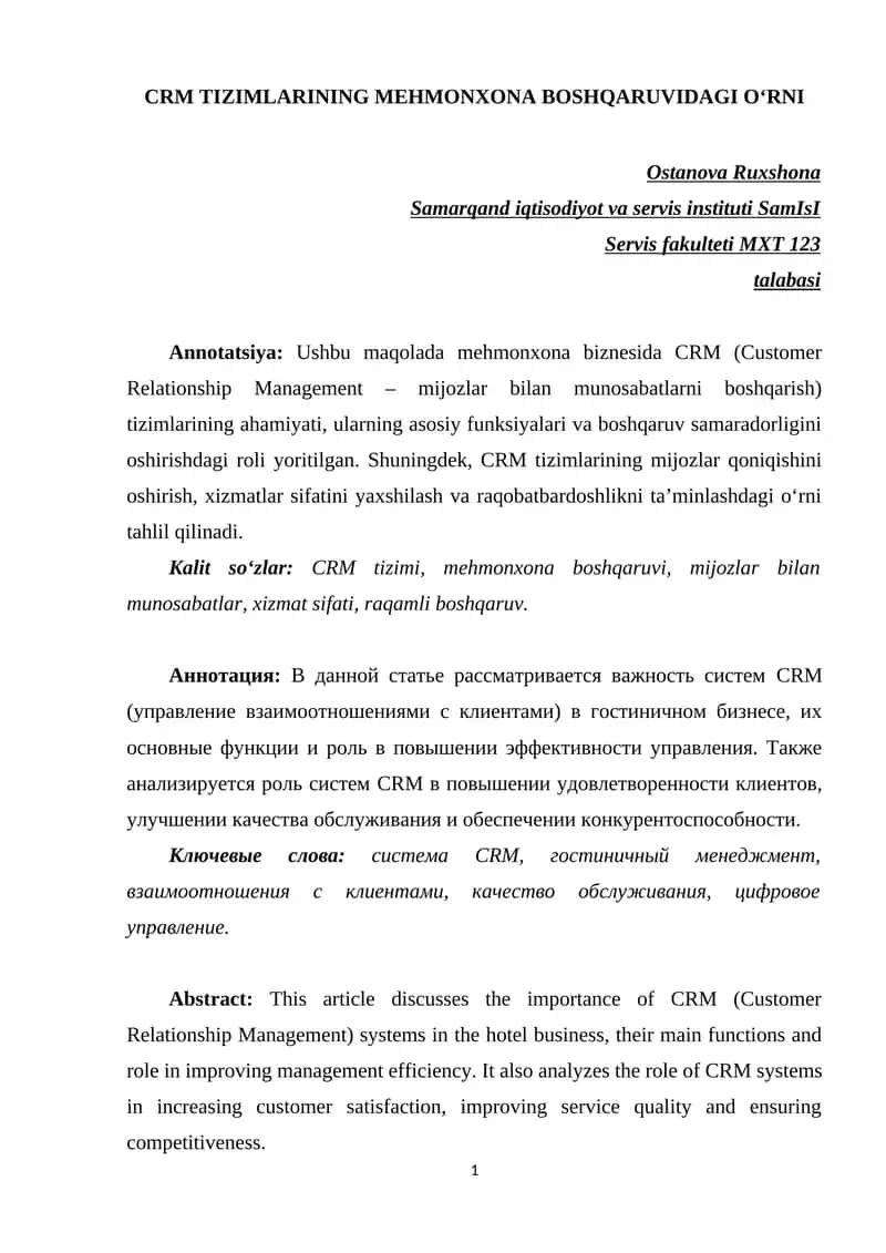 CRM TIZIMLARINING MEHMONXONA BOSHQARUVIDAGI OʻRNI 1