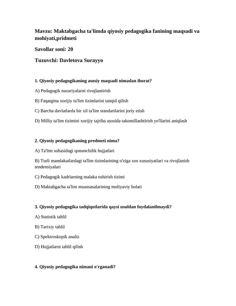 Qiyosiy Pedagogika Fanining Maqsadi va Mohiyati 1