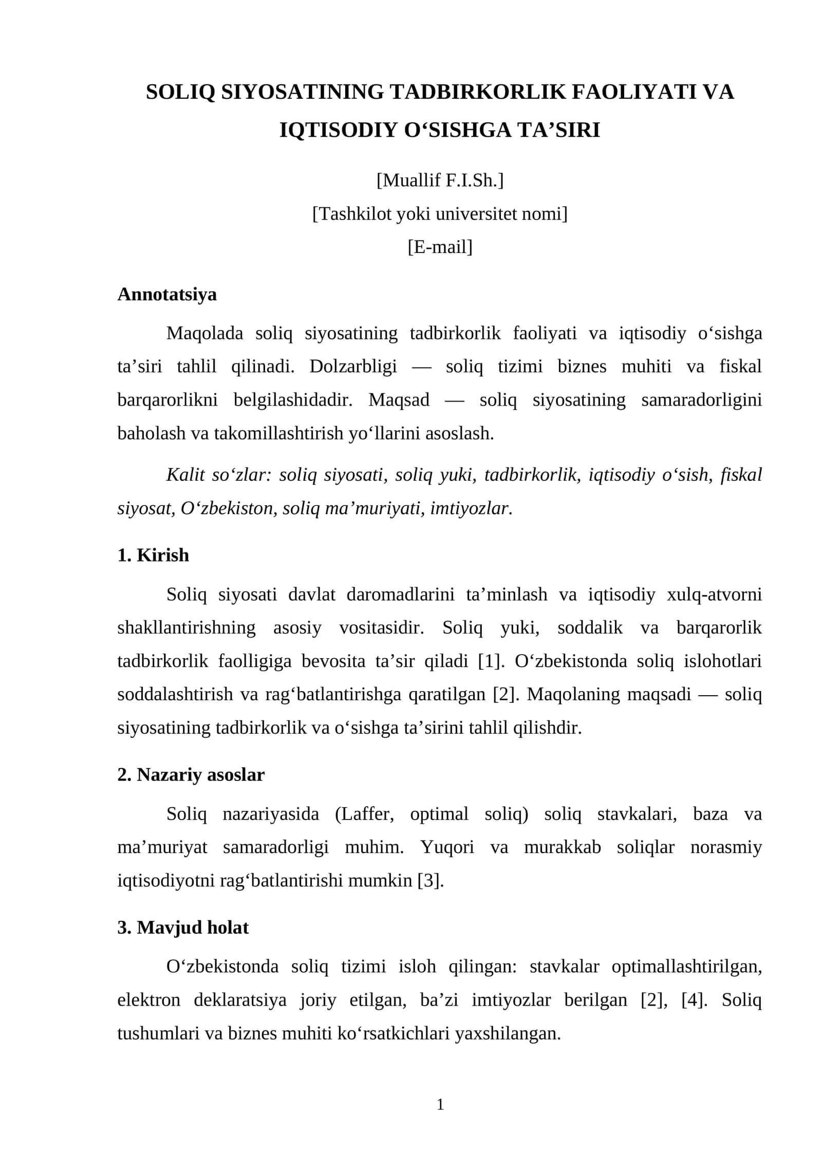 SOLIQ SIYOSATINING TADBIRKORLIK FAOLIYATI VA IQTISODIY O‘SISHGA TA’SIRI 1