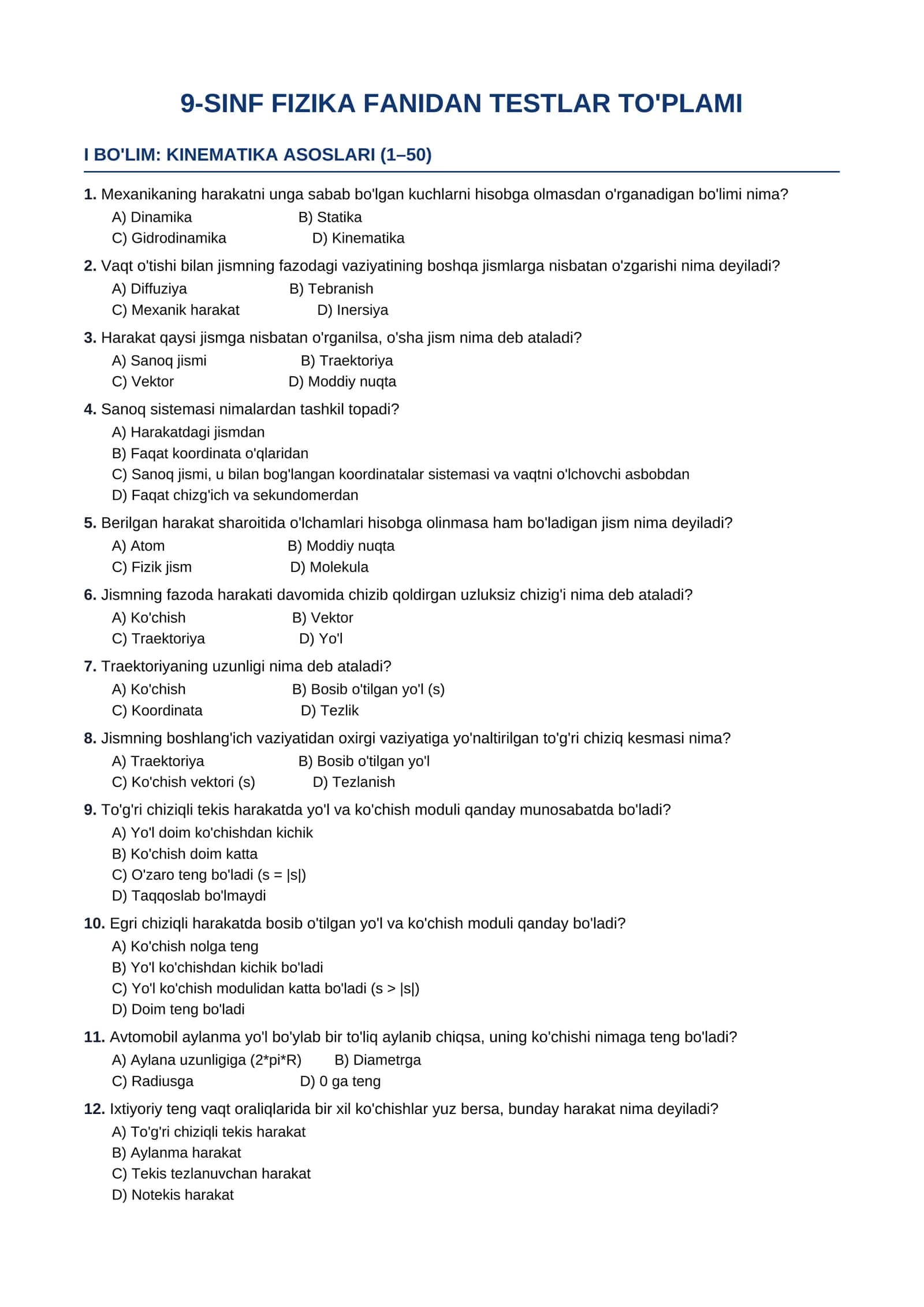 9-SINF FIZIKA FANIDAN TESTLAR TO'PLAMI 1