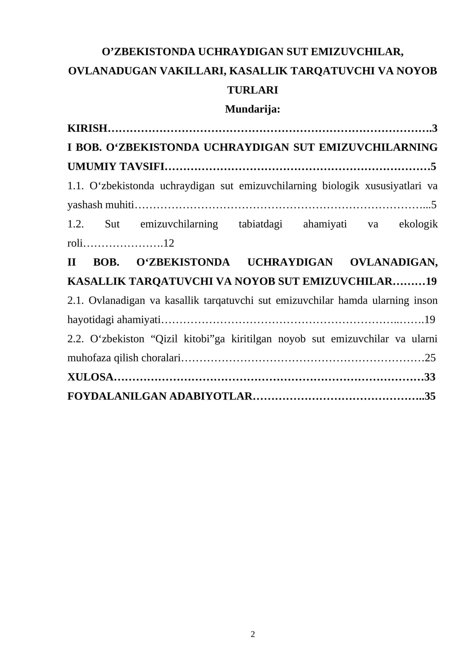 O’ZBEKISTONDA UCHRAYDIGAN SUT EMIZUVCHILAR, OVLANADUGAN VAKILLARI, KASALLIK TARQATUVCHI VA NOYOB TURLARI 1
