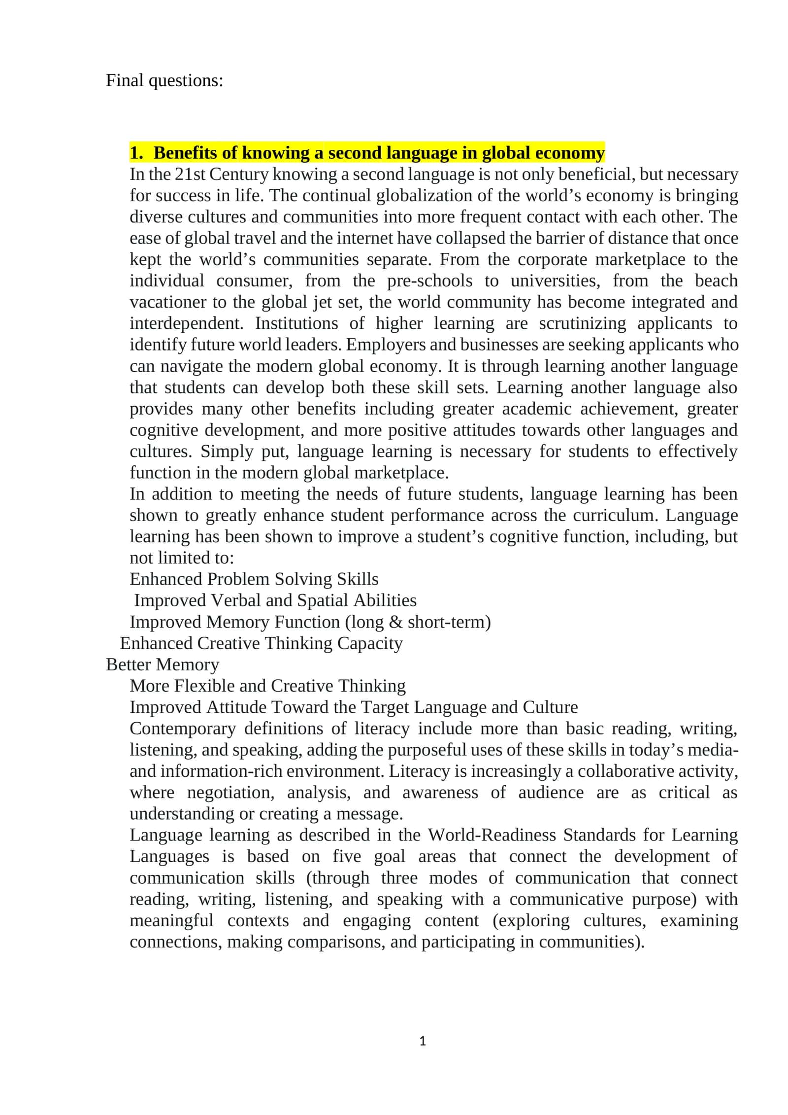 Benefits of knowing a second language in global economy 1