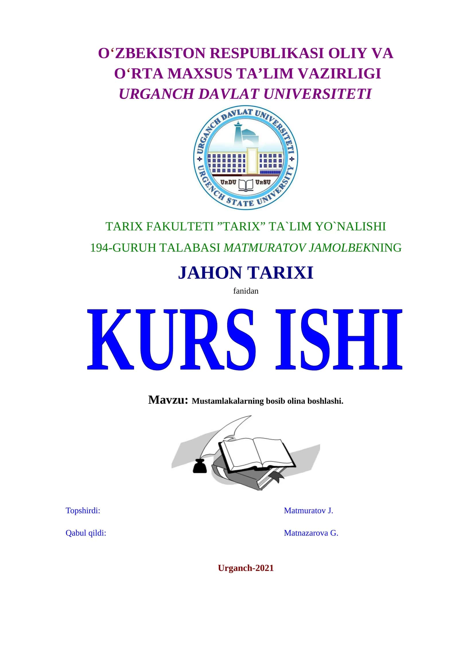 JAHON TARIXI KURS ISHI 1