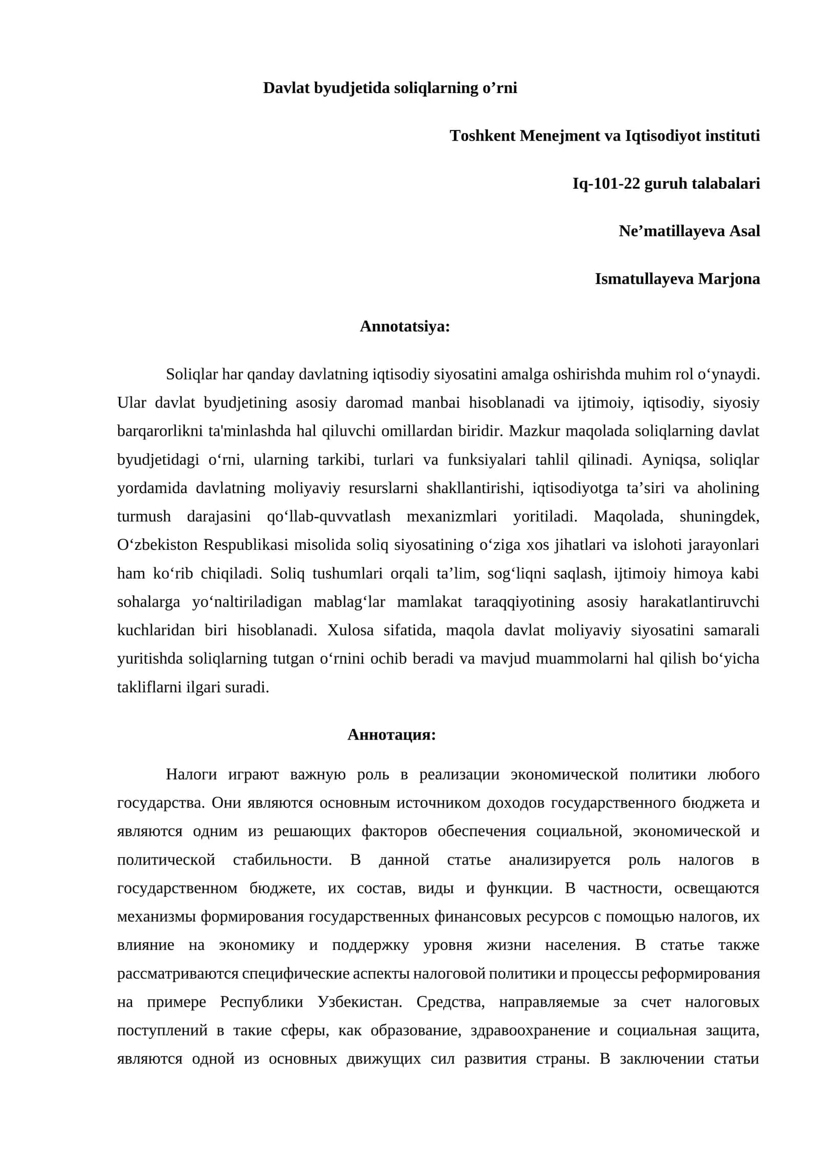 Soliqlarning o’rni davlat byudjetida 1