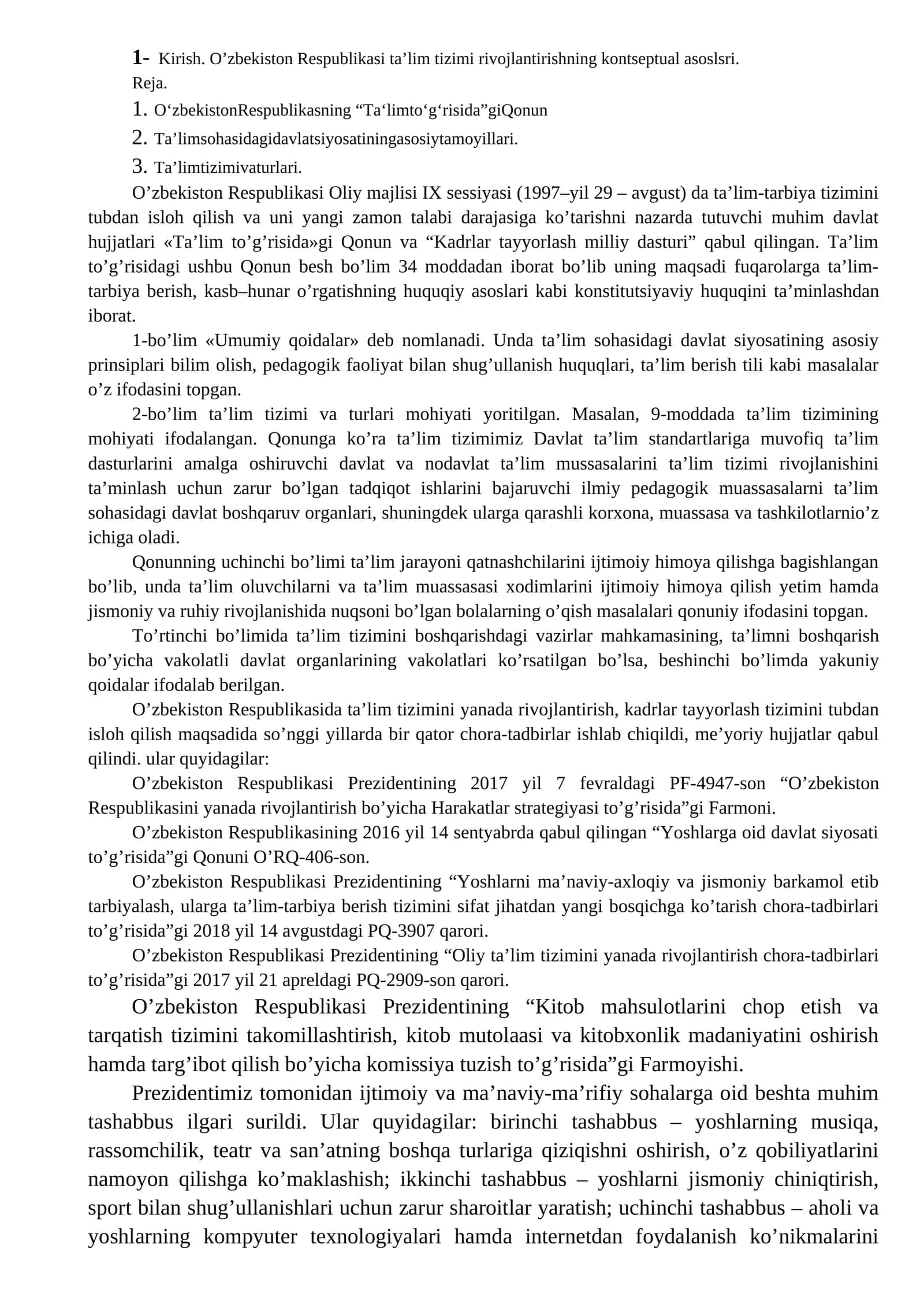 O’zbekiston Respublikasi ta’lim tizimi rivojlantirishning kontseptual asoslsri 1