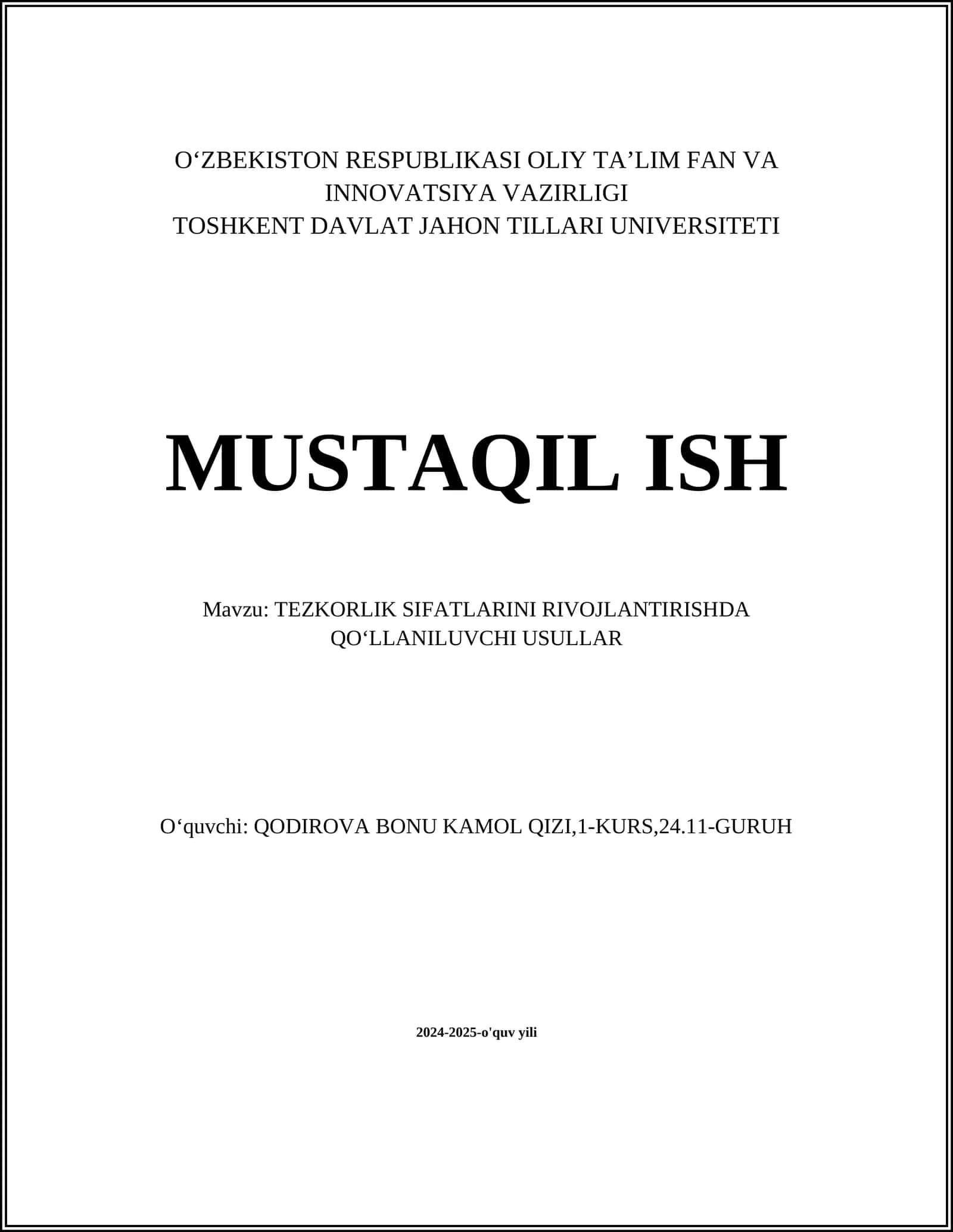 TEZKORLIK SIFATLARINI RIVOJLANTIRISHDA QO‘LLANILUVCHI USULLAR 1