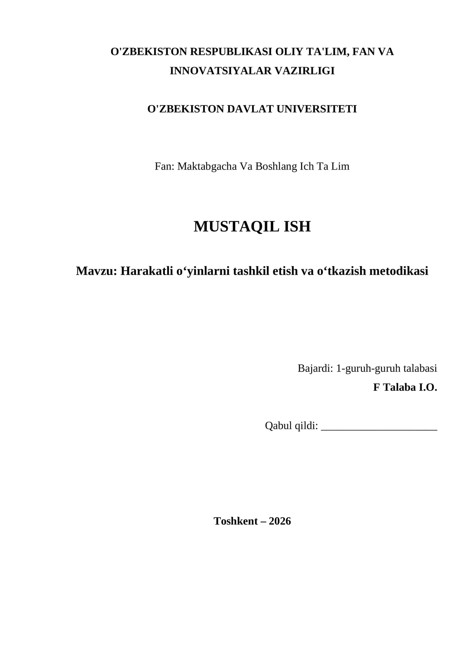 Harakatli o‘yinlarni tashkil etish va o‘tkazish metodikasi 1