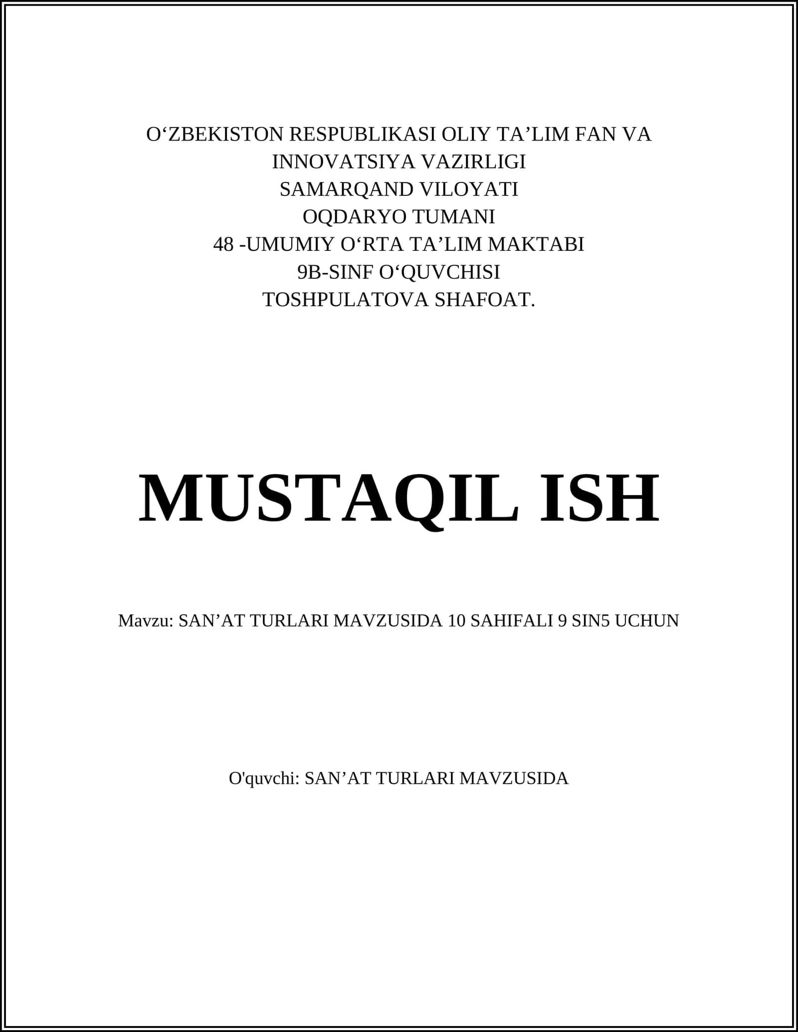 SANʼAT TURLARI MAVZUSIDA 10 SAHIFALI 9 SIN5 UCHUN 1