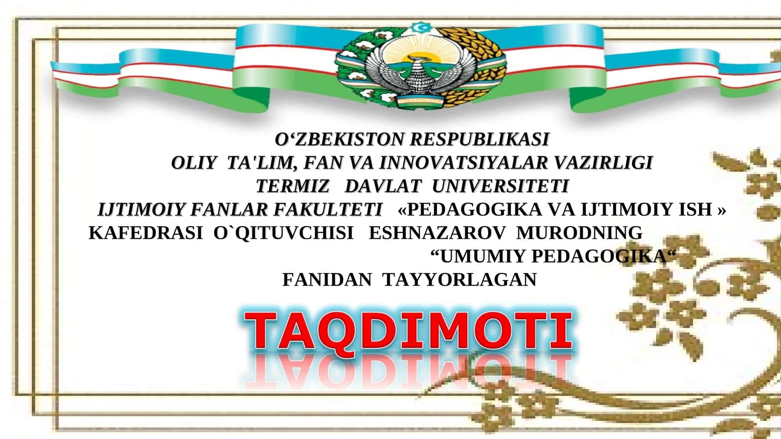 O’ZBEKISTON RESPUBLIKASI TA’LIM TIZIMIDA MODERNIZASIYA JARAYONLARI 1