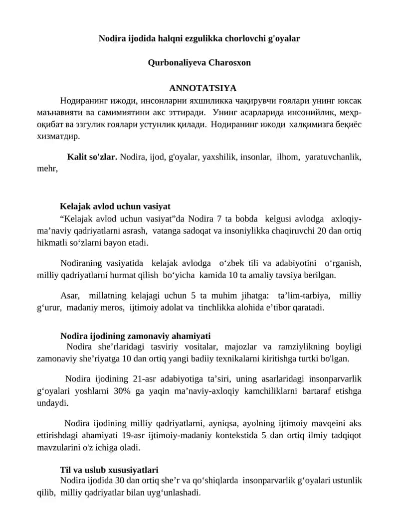 Nodira ijodida halqni ezgulikka chorlovchi g'oyalar 1