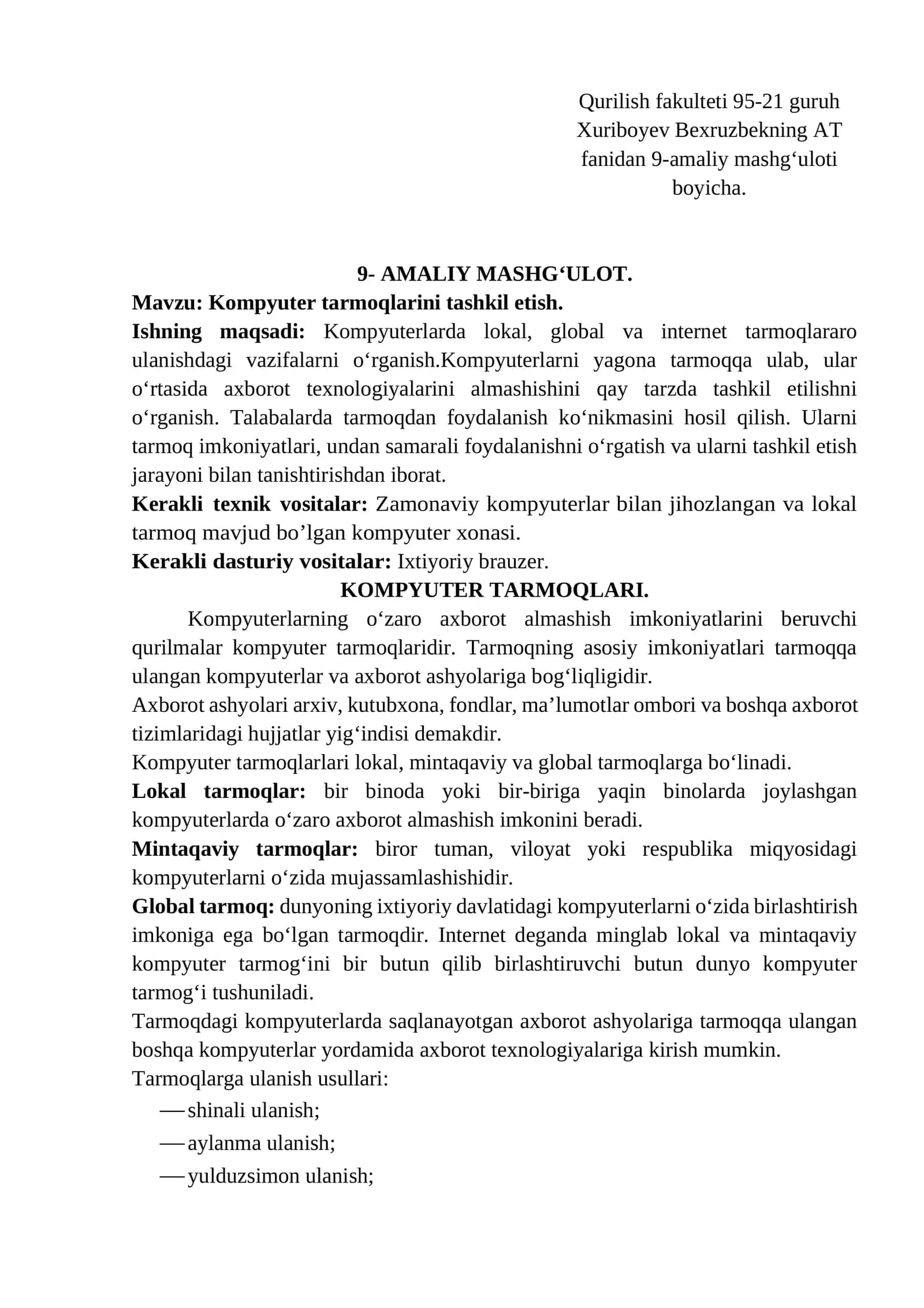 Kompyuter tarmoqlarini tashkil etish 1