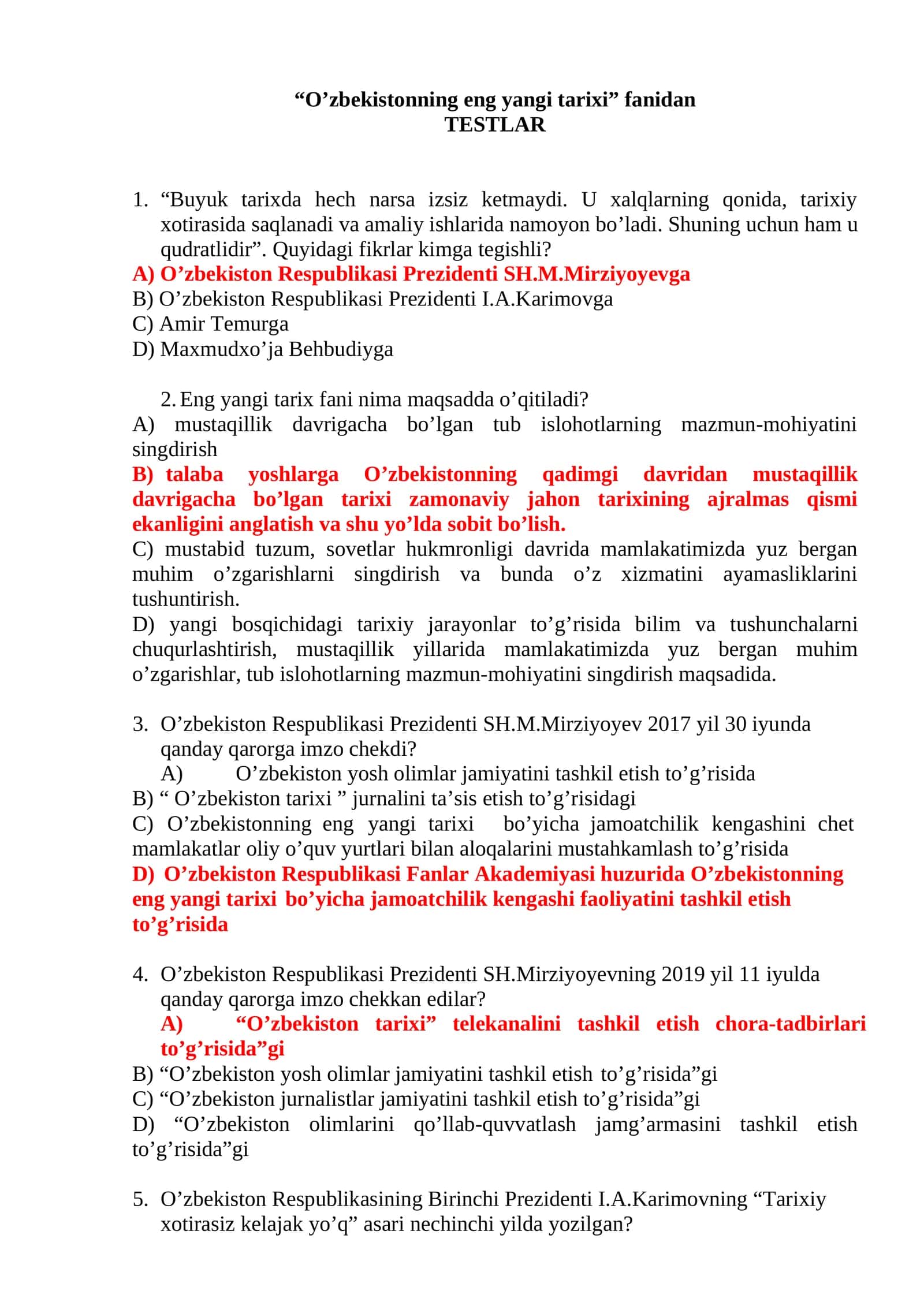 Eng yangi tarixi fanidan TESTLAR 1