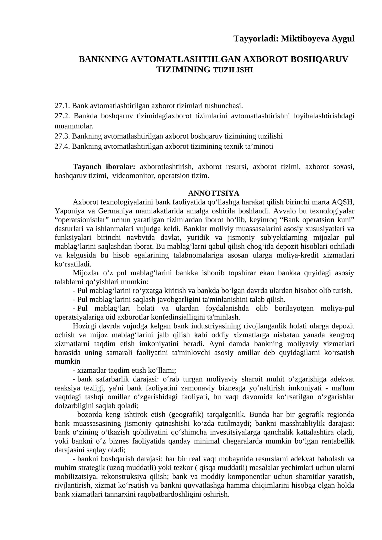 BANKNING AVTOMATLASHTIILGAN AXBOROT BOSHQARUV TIZIMINING TUZILISHI 1