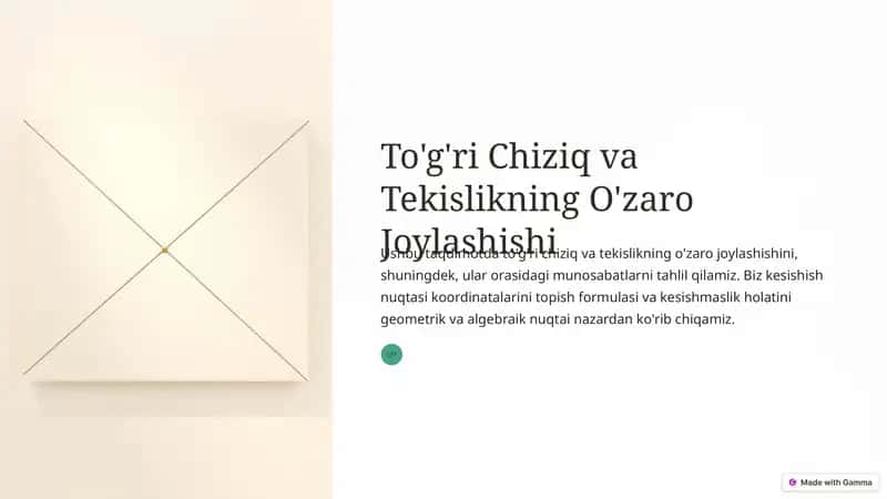 To'g'ri Chiziq va Tekislikning O'zaro Joylashishi 1