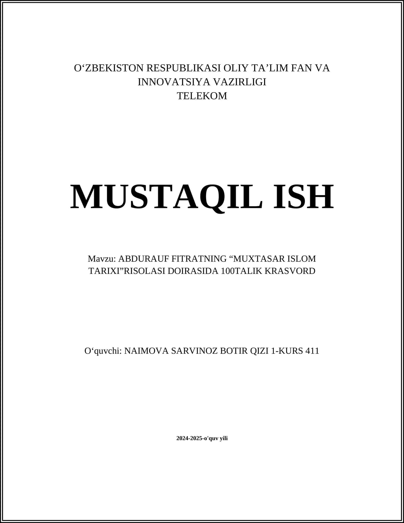 ABDURAUF FITRATNING “MUXTASAR ISLOM TARIXI”RISOLASI DOIRASIDA 100TALIK KRASVORD 1