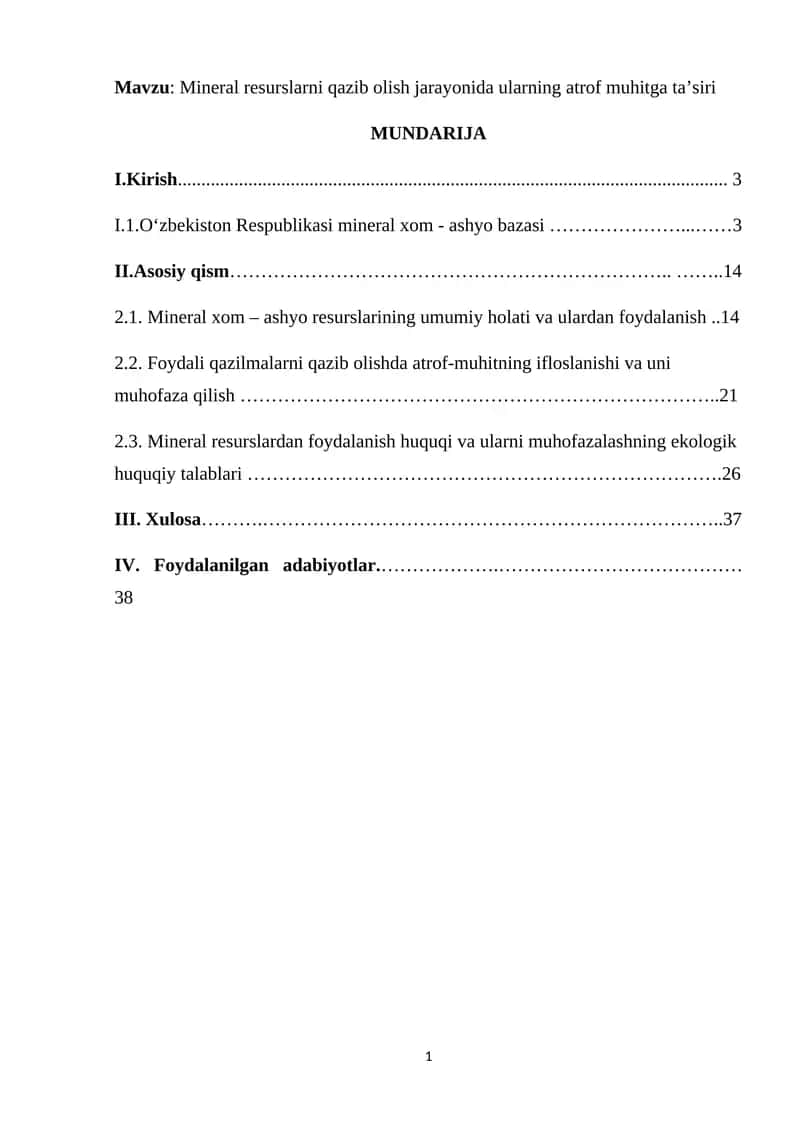 Mineral resurslarni qazib olish jarayonida ularning atrof muhitga ta’siri 1