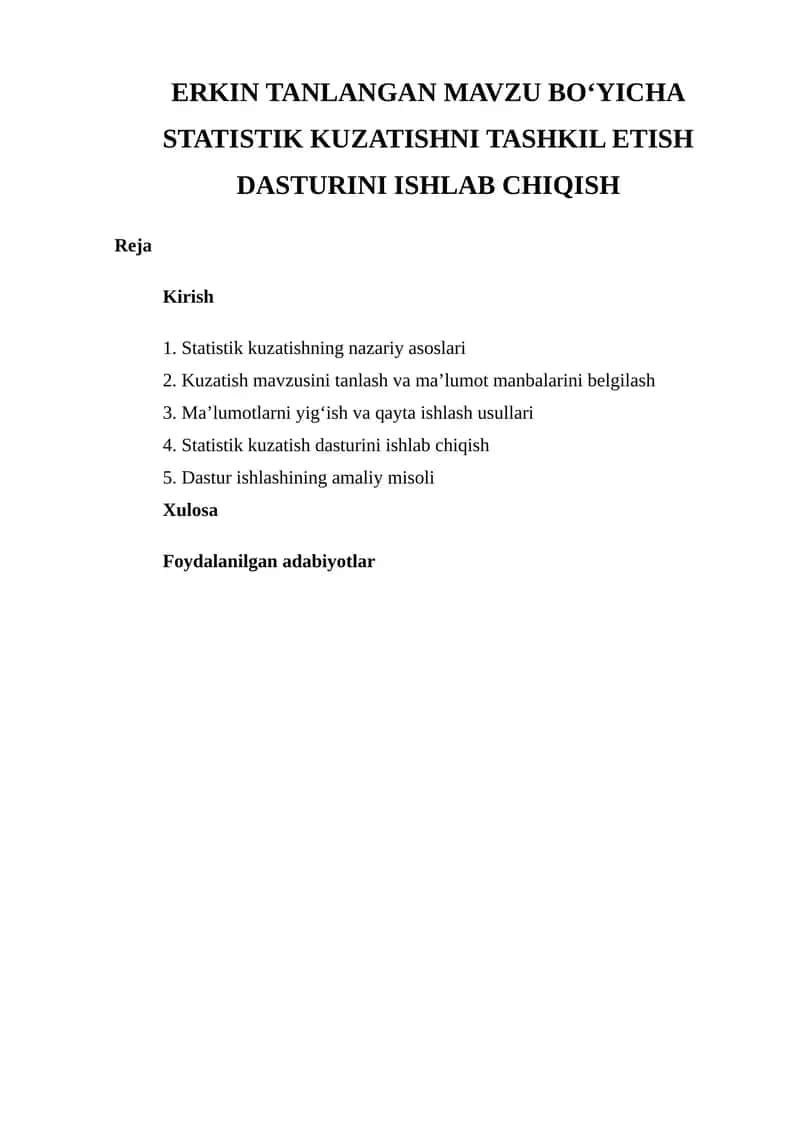 Statistik Kuzatishni Tashkil Etish Dasturini Ishlab Chiqish 1