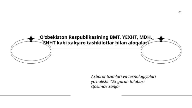 O'zbekiston Respublikasining BMT, YEXHT, MDH, SHHT kabi xalqaro tashkilotlar bilan aloqalari 1