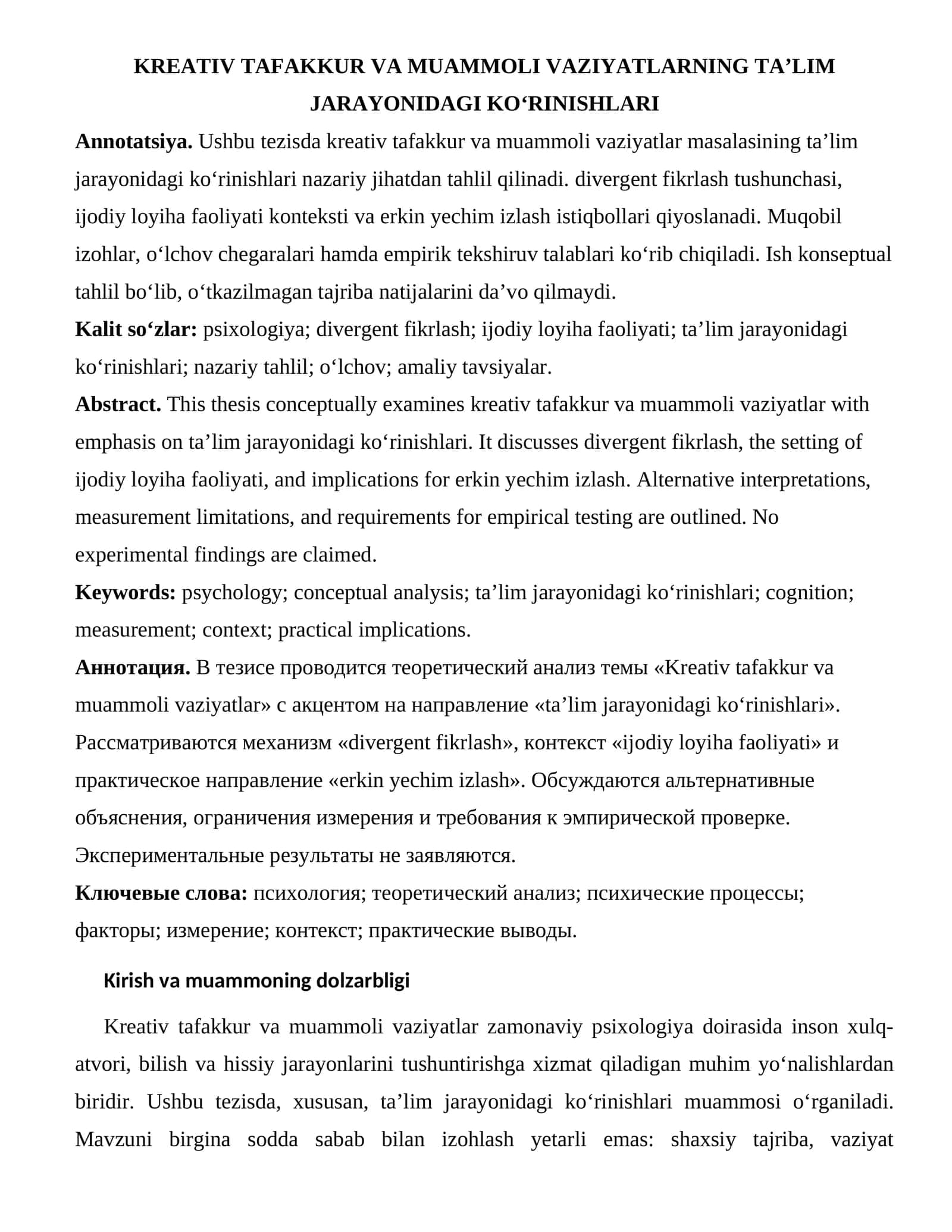 KREATIV TAFAKKUR VA MUAMMOLI VAZIYATLARNING TA’LIM JARAYONIDAGI KO‘RINISHLARI 1
