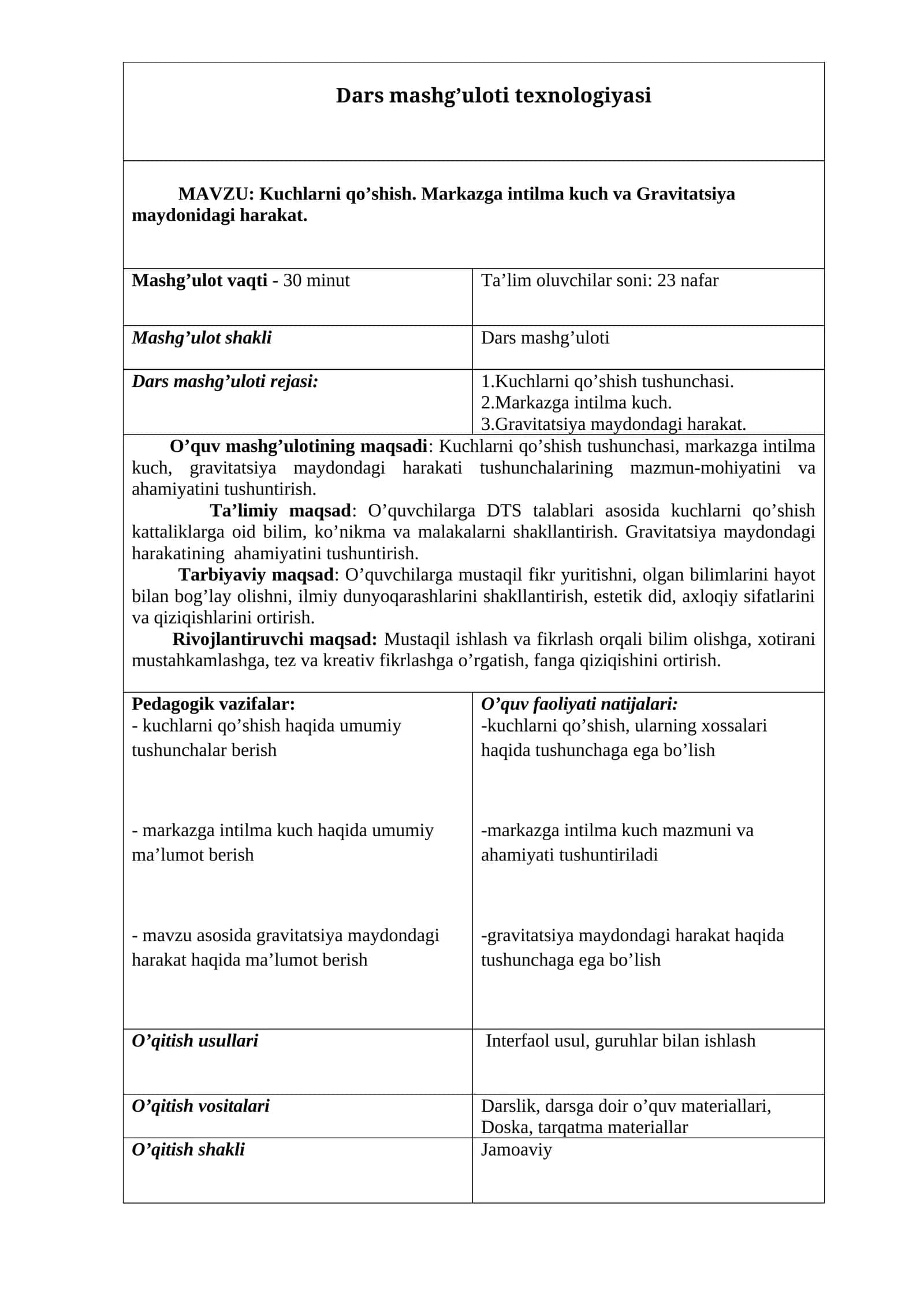 Kuchlarni qo’shish. Markazga intilma kuch va Gravitatsiya maydonidagi harakat mavzusida tayyor dars ishlanma. 1