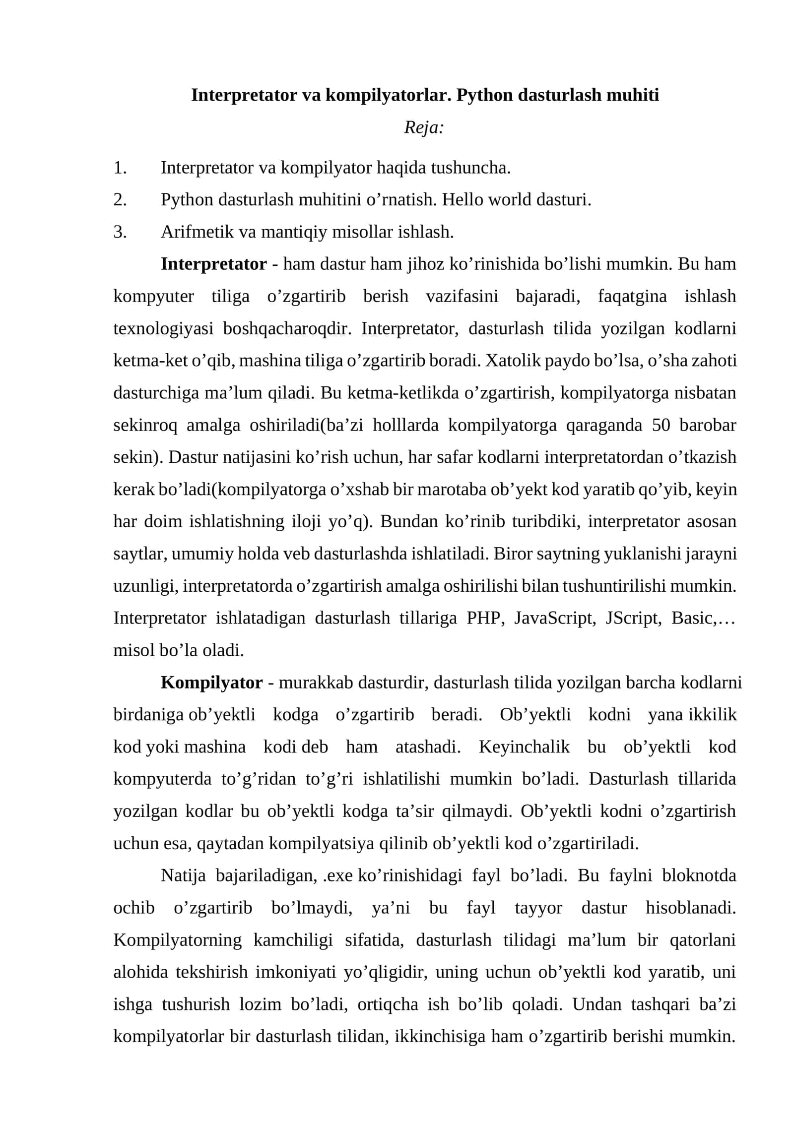 Interpretator va kompilyatorlar. Python dasturlash muhiti 1