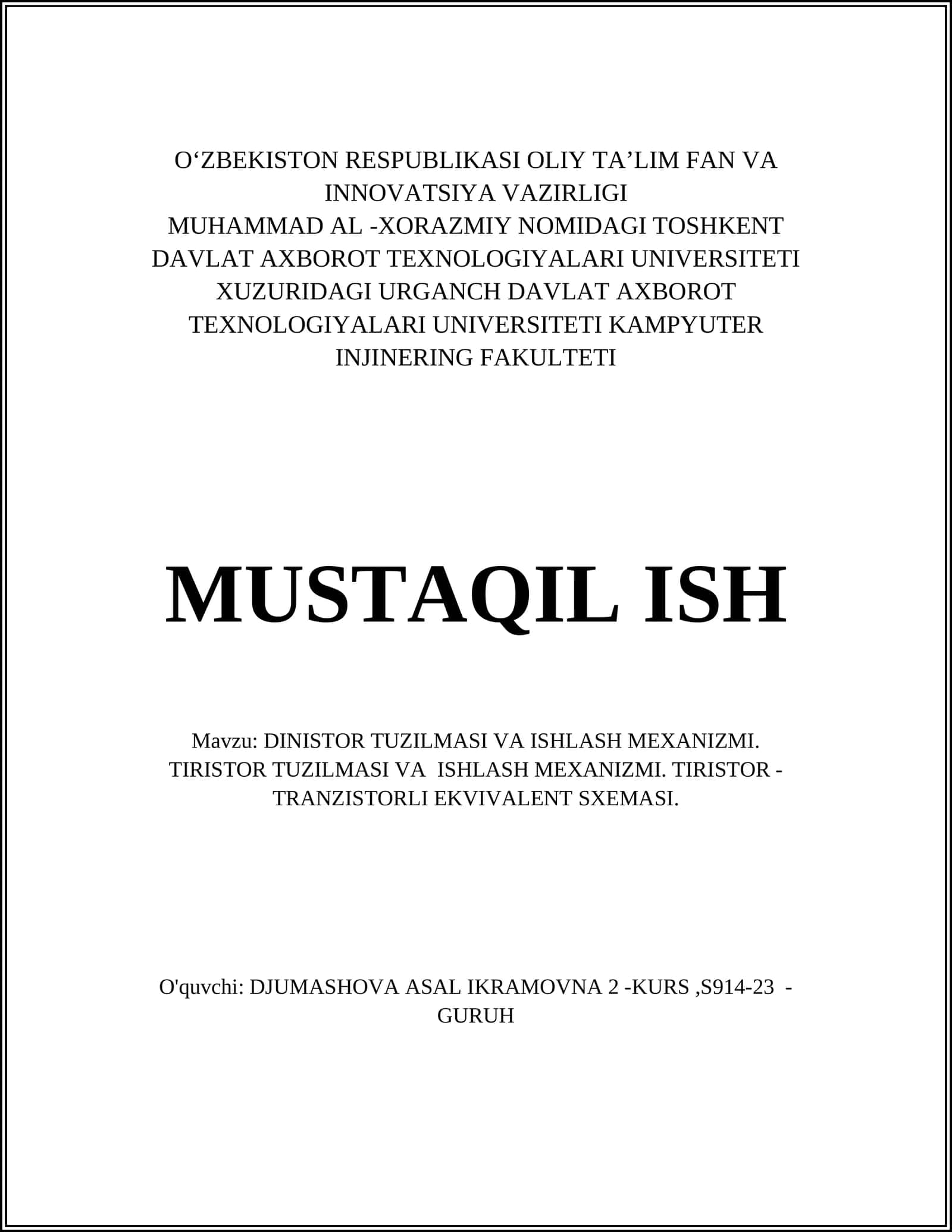 DINISTOR TUZILMASI VA ISHLASH MEXANIZMI. TIRISTOR TUZILMASI VA ISHLASH MEXANIZMI. TIRISTOR - TRANZISTORLI EKVIVALENT SXEMASI 1