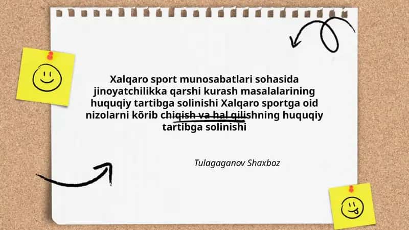 Xalqaro sport munosabatlari sohasida jinoyatchilikka qarshi kurash masalalarining huquqiy tartibga solinishi Xalqaro sportga oid nizolarni kõrib chiqish va hal qilishning huquqiy tartibga solinishi 1