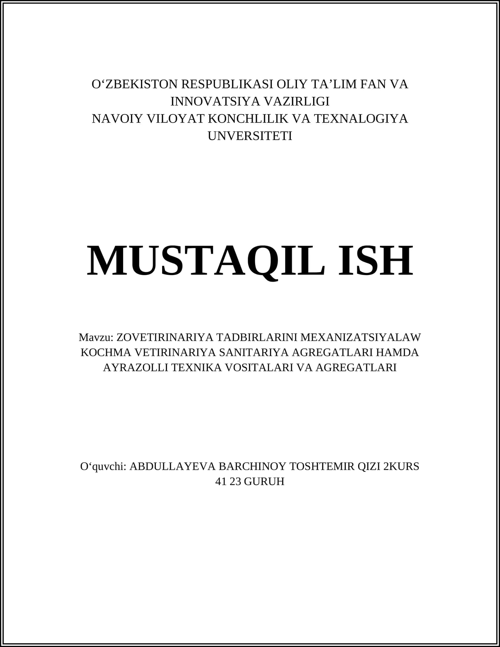 ZOVETIRINARIYA TADBIRLARINI MEXANIZATSIYALAW KOCHMA VETIRINARIYA SANITARIYA AGREGATLARI HAMDA AYRAZOLLI TEXNIKA VOSITALARI VA AGREGATLARI 1