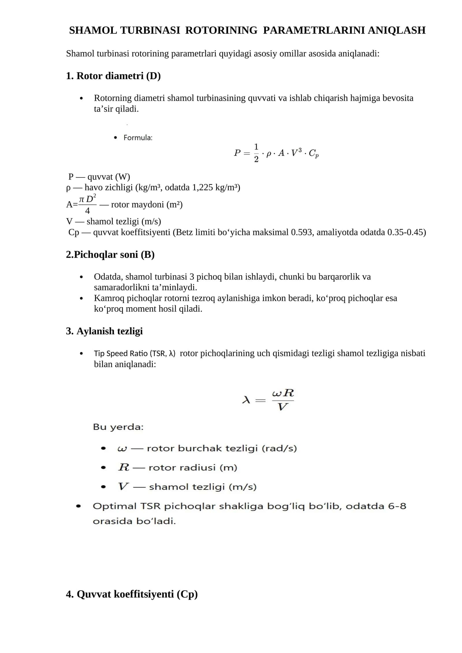 SHAMOL TURBINASI ROTORINING PARAMETRLARINI ANIQLASH 1