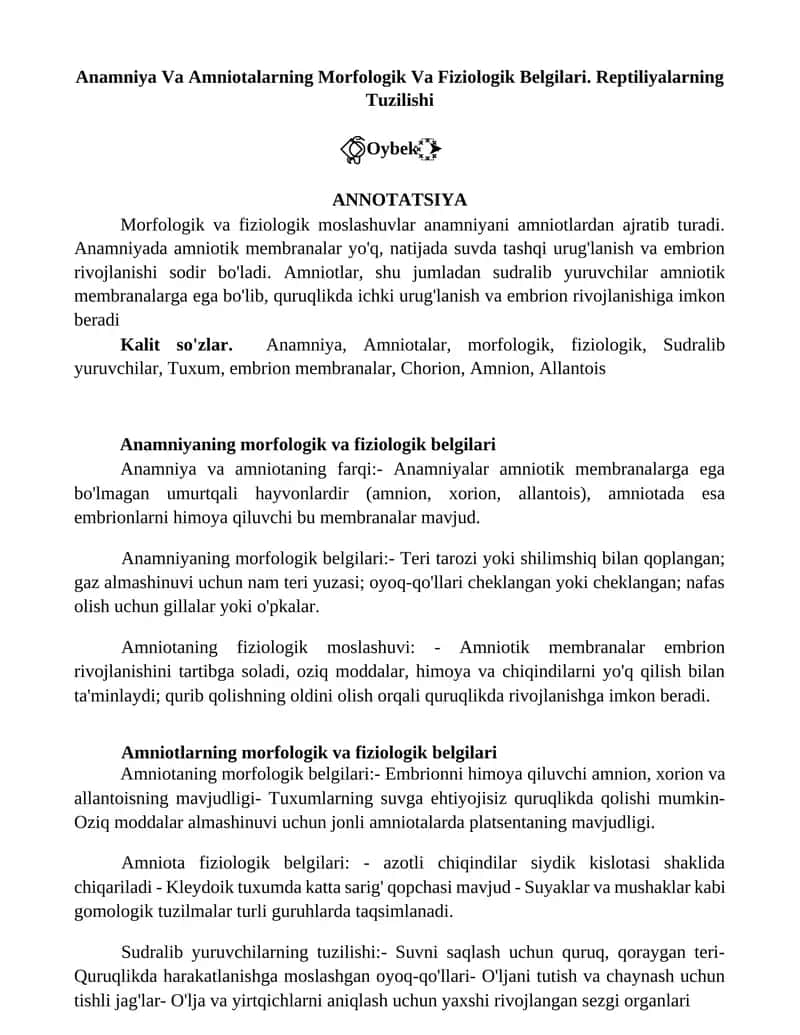 Anamniya Va Amniotalarning Morfologik Va Fiziologik Belgilari 1