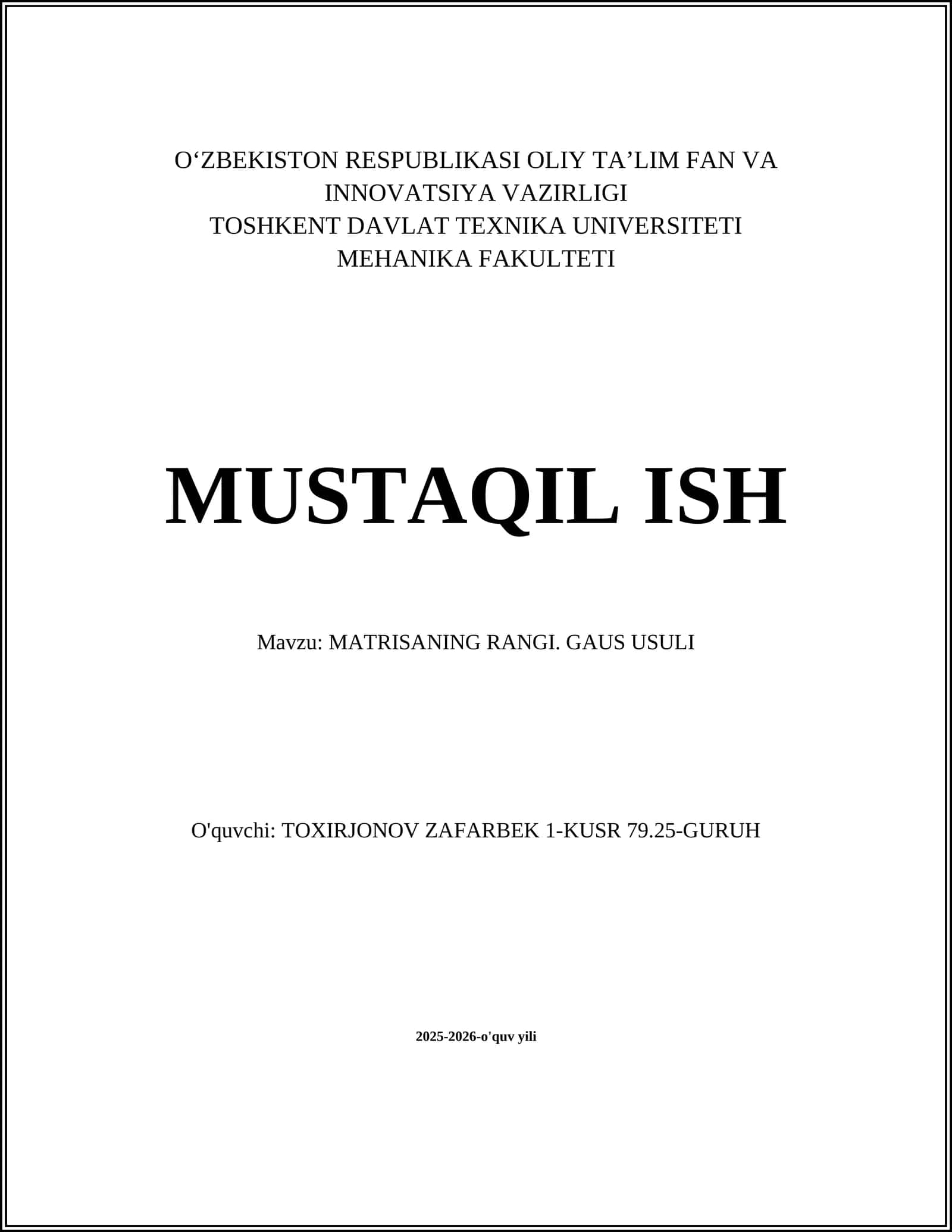 MATRISANING RANGI. GAUS USULI 1