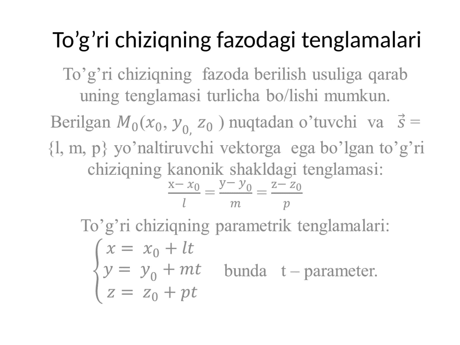 To’g’ri chiziqning fazodagi tenglamalari 1