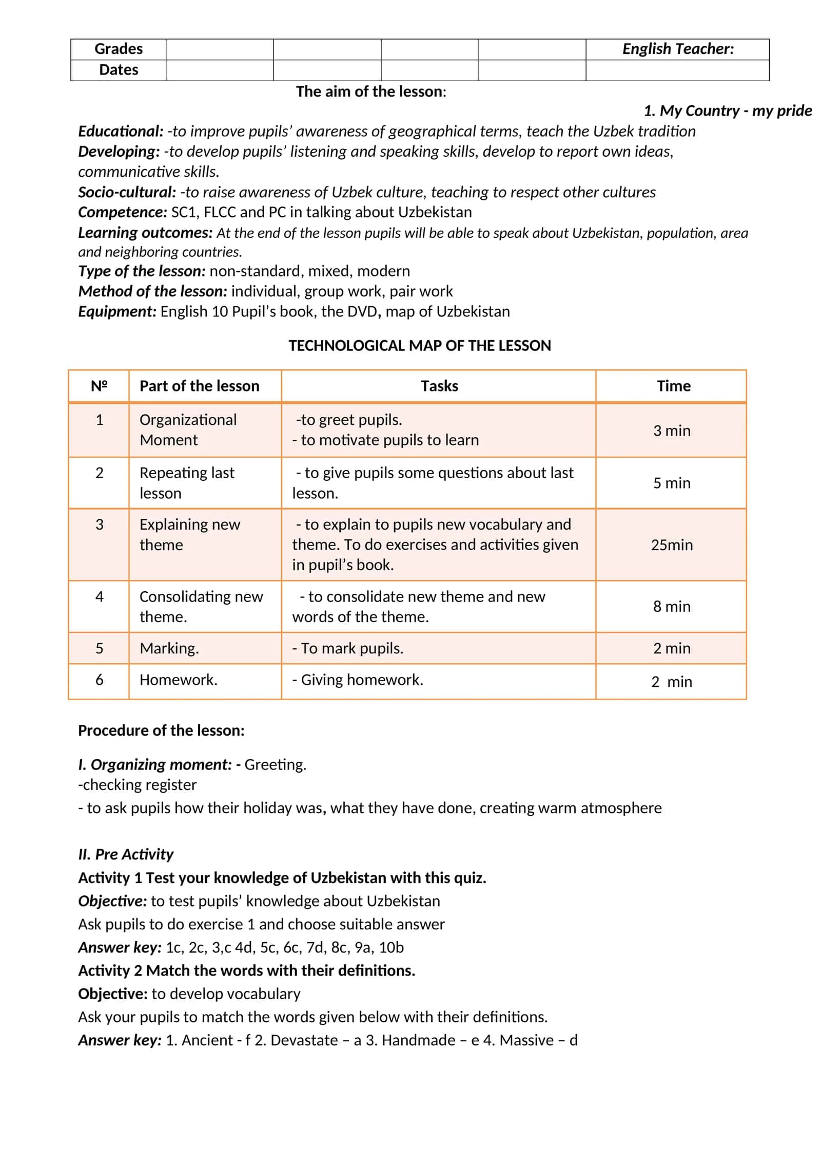 English Teacher Lesson Plan on Uzbekistan 1
