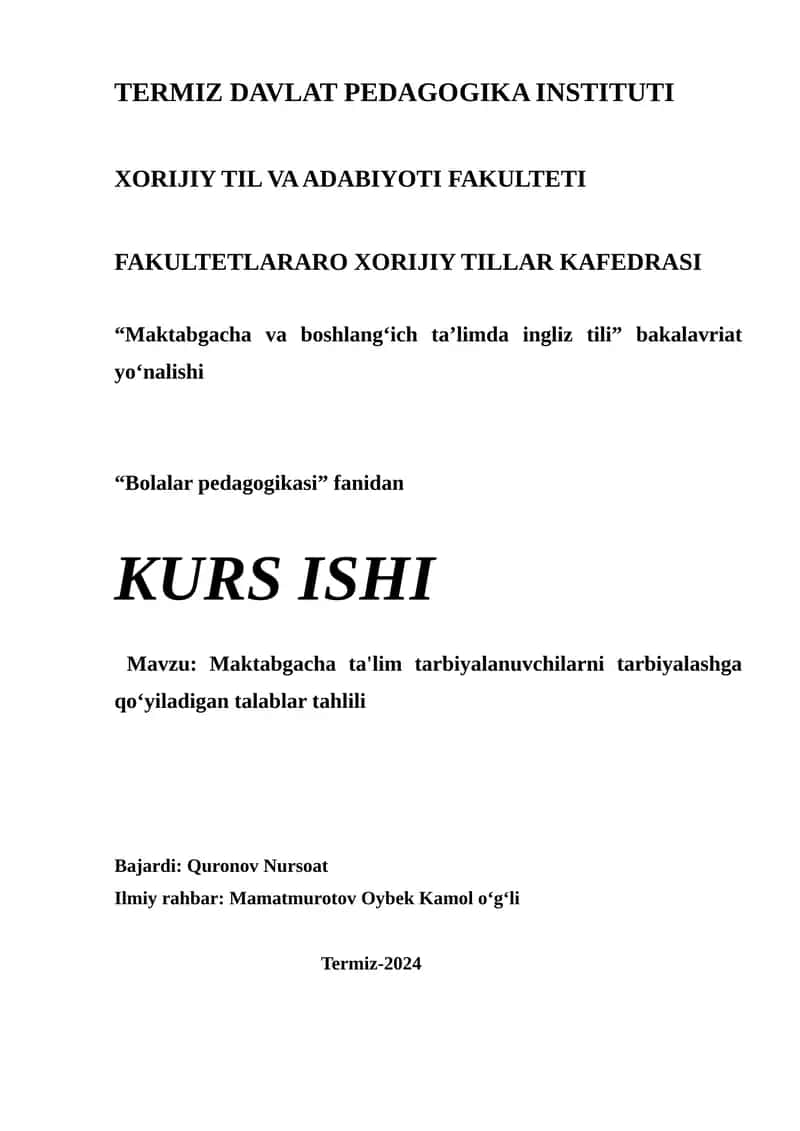Maktabgacha ta'lim tarbiyalanuvchilarni tarbiyalashga qo‘yiladigan talablar tahlili 1