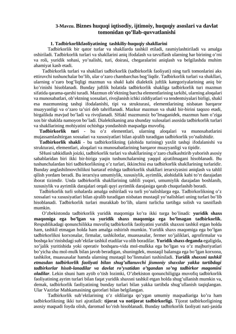 Tadbirkorlikfaoliyatining tashkiliy-huquqiy shakllarini 1