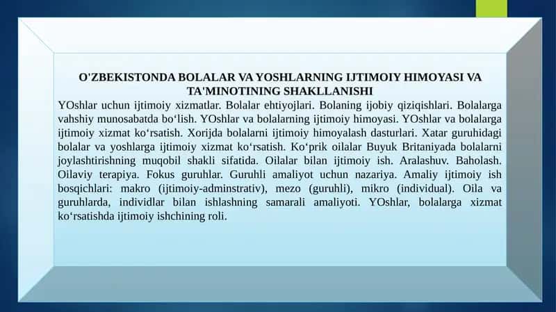 O'ZBEKISTONDA BOLALAR VA YOSHLARNING IJTIMOIY HIMOYASI VA TA'MINOTINING SHAKLLANISHI 1
