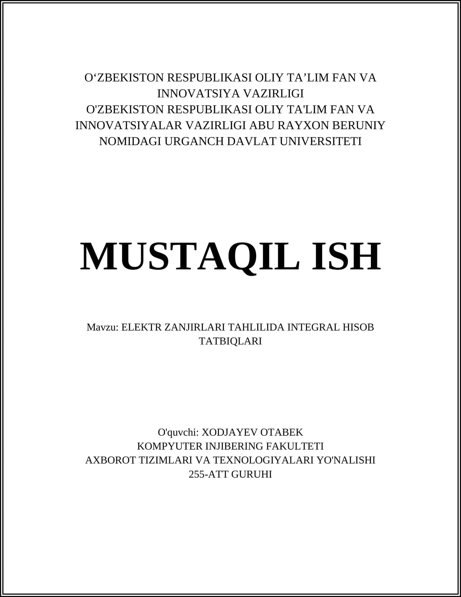 ELEKTR ZANJIRLARI TAHLILIDA INTEGRAL HISOB TATBIQLARI 1