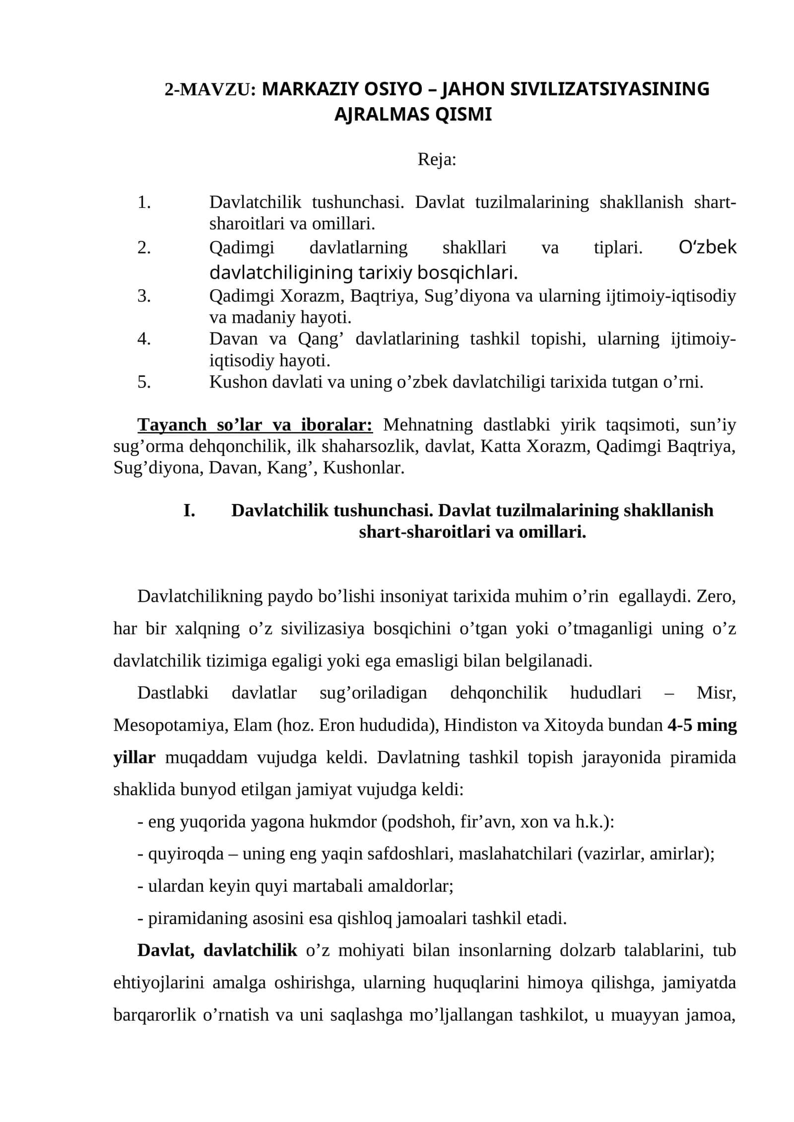 MARKAZIY OSIYO – JAHON SIVILIZATSIYASINING AJRALMAS QISMI 1