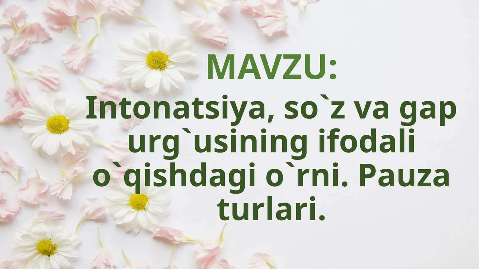 Intonatsiya,so`z  va  gap  urg`usining   ifodali  o`qishdagi  o`rni.Pauza  turlari 1