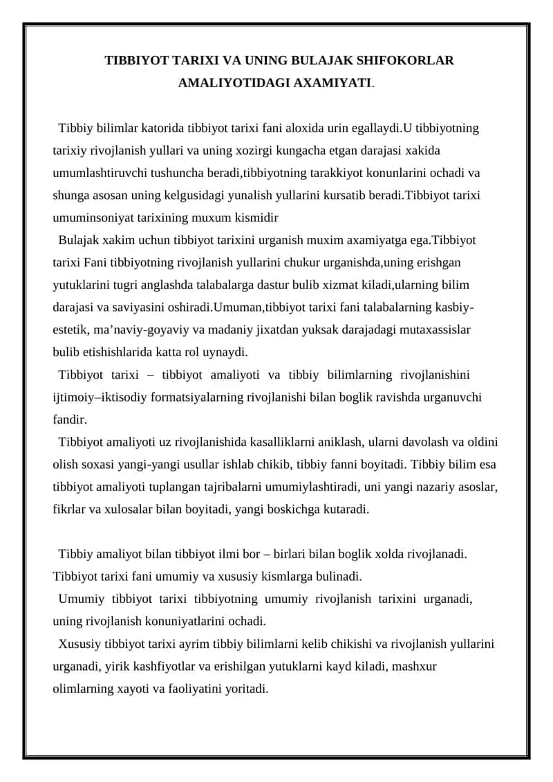 Tibbiyot Tarixi va uning Bulajak Shifokorlar Amaliyoti 1