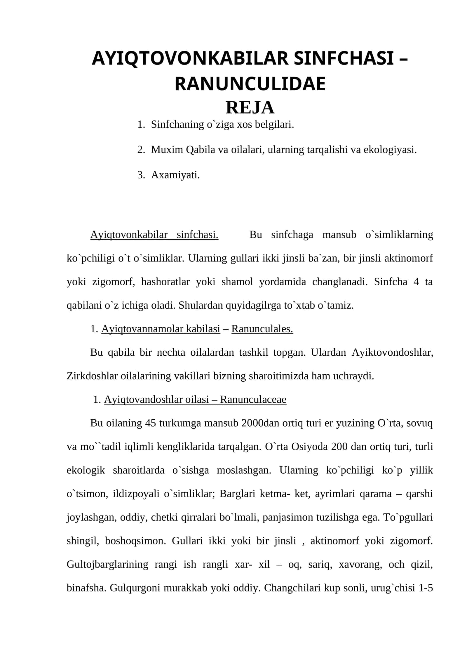 Ayiqtovonkabilar sinfchasi – Ranunculidae 1