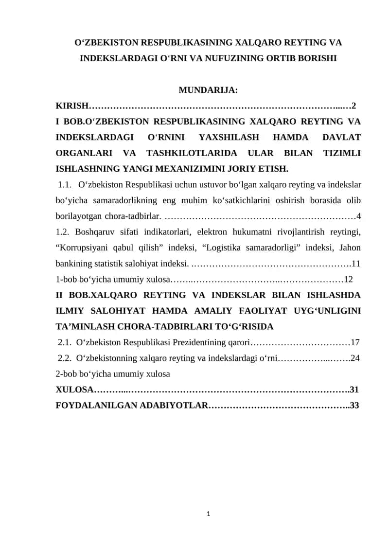 O‘ZBEKISTON RESPUBLIKASINING XALQARO REYTING VA INDEKSLARDAGI O‘RNI VA NUFUZINING ORTIB BORISHI 1