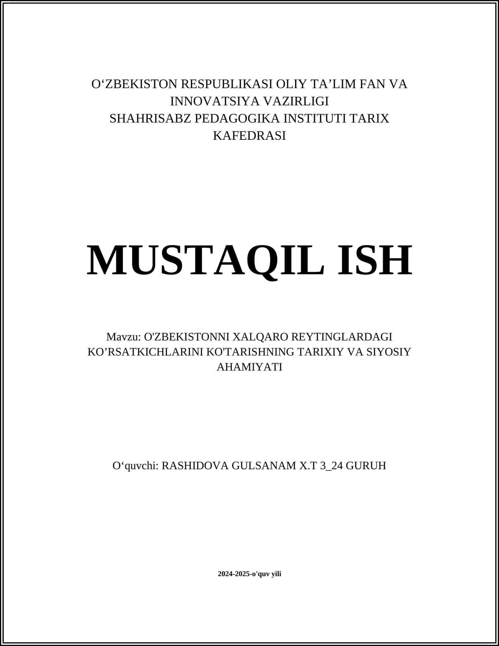 O'ZBEKISTONNI XALQARO REYTINGLARDAGI KO’RSATKICHLARINI KO'TARISHNING TARIXIY VA SIYOSIY AHAMIYATI 1